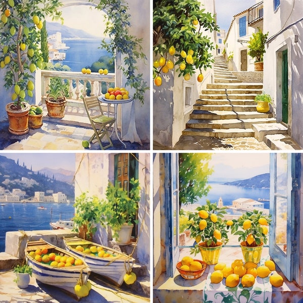 Watercolor Landscape Digital Art, 20+ Mediterranean Lemon Tree, Citrus Clipart, Wall Art, Digital Download Prints, JPG 400 Commercial Use