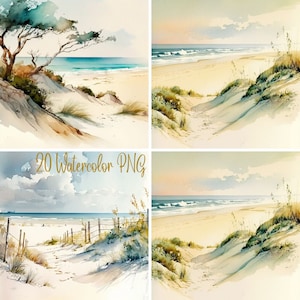 Paisaje de playa de acuarela, más de 20 paisajes naturaleza mar, impresión de arte digital, paquete de imágenes prediseñadas, gráficos PNG 400 descarga instantánea uso comercial