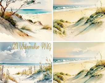 Watercolor Beach Scenery Print Art Bundle, Sandbeach Graphics (Digital Download)