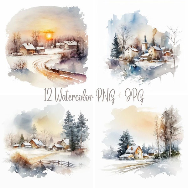 Watercolor Landscape, 12+ Winter Wonderland, Villages Decor, Clipart Bundle, Wall Art, Digital Download Prints, PNG + JPG 400,Commercial Use