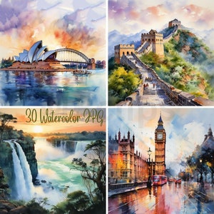 Aquarell Landschaft, Digitaldruck, Clipart Bundle, Digitaler Planer, Digitale Kunst JPG 400 Kommerzielle Nutzung