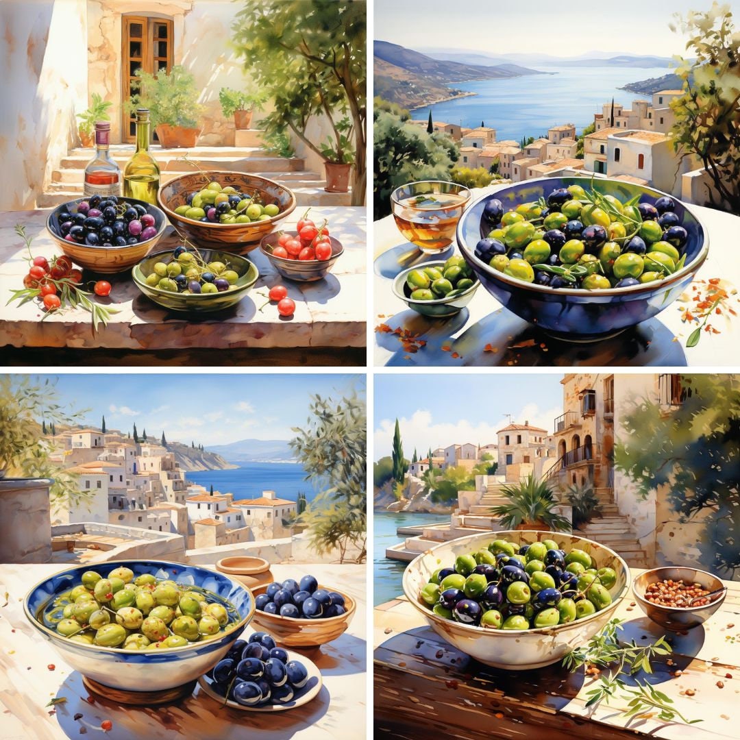 Printart Watercolor Mediterranean Printart, Landscape With Olives & Island Views ...