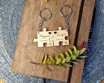 Cadeau porte clé puzzle en bois à personnaliser pour partager avec sa moitié