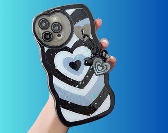 Funda de teléfono con diseño de corazón negro redondeado con cadena para iPhone 15 14 13 12 11 Pro XS Max X XR, funda de teléfono de silicona