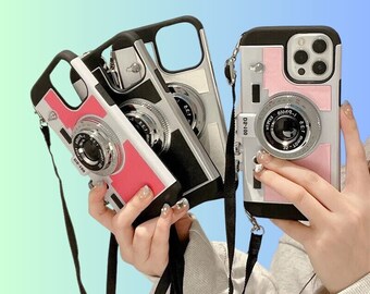3D-Film-Kamera-geformte Telefon-Kasten für iPhone 15 Pro 14 Plus 11 13 12 Pro Max X Max XR-Abdeckung, ästhetische Schutzhülle mit Riemen