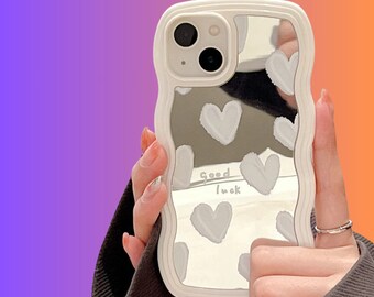 White Heart Pattern Mirror Phone Case, Romantic Heart Case For iPhone, Shockproof Cases For iPhone X, 11, 12, 13, 14, 15, Thick Back Cases