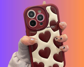 Wine Red Heart Pattern Design Phone Case, Puffy Case For iPhone, Shockproof Cases For iPhone X, 11, 12, 13, 14, 15, Thick Back Cases