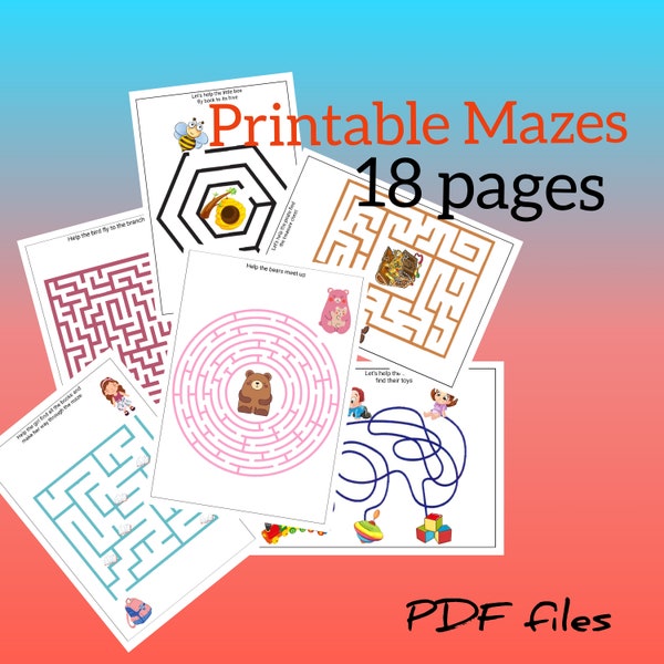Printable Mazes|18Colorful Mazes with Pictures|Printable Games|Kids Games|Kids Printable Activities|Preschool|Workbook for Kids