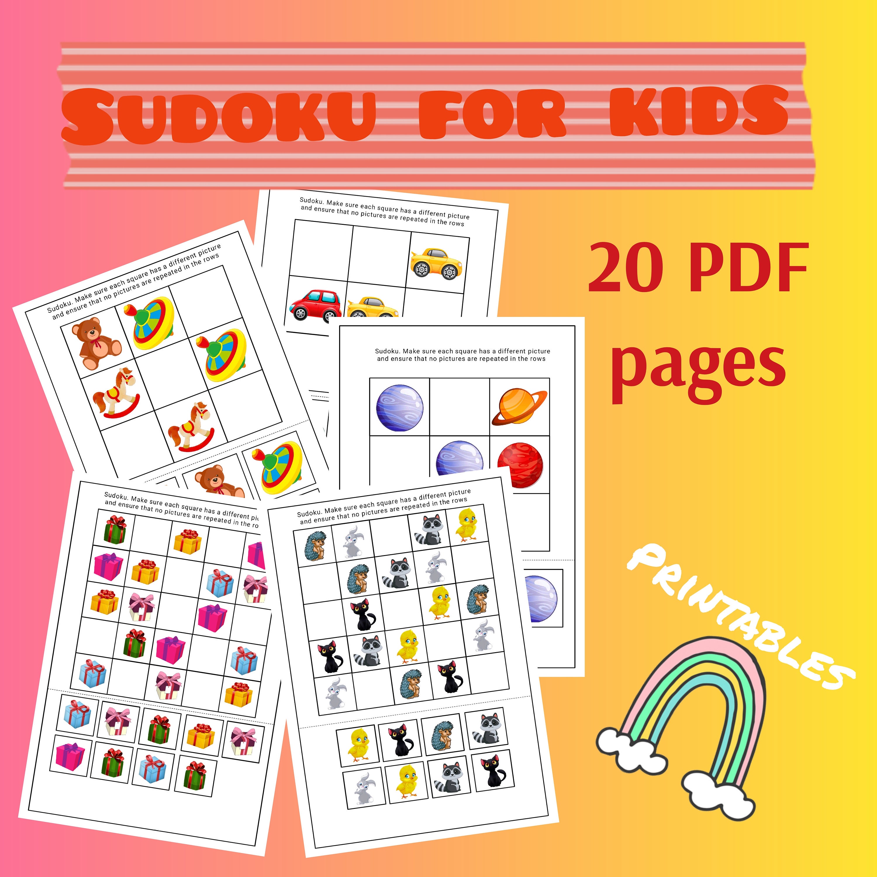 Easy 4X4 Sudoku puzzle game for kids - 20 pages printable worksheet