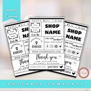 May include: Three rectangular white cards with black text and graphics. Each card features the text HAPPY MAIL, SHOP NAME, HANDMADE IN OHIO, and THANK YOU FOR SUPPORTING MY SMALL BUSINESS, along with social media icons and a barcode placeholder.