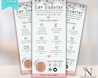Editable Car Coaster Care Card, Printable Car Coaster Care Guide, Coaster Small Business Thank You Cards Packaging Insert Canva Template.