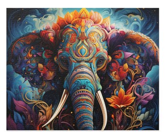 Elephant Oil Paint Puzzle for Boys, Girls, Kids - Jigsaw Watercolor Elephant Puzzle - Elephant Vibrant Lover Gift - Abstract Trippy Puzzle