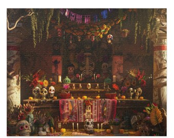 Art mexicain Puzzle Día de Muertos - Cadeau puzzle tête de mort - Set de casse-tête tête de mort pour adultes - Cadeau pour elle - Jeu de casse-tête