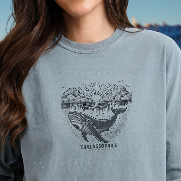 Vintage Whale Long Sleeve T-shirt for Thalassophiles: Ocean Lover Aesthetic Clothes, Ocean Inspired Style Cruise Shirt, Unique Holiday Gift