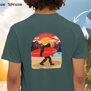 Surfing Sasquatch Comfort Colors T-Shirt: Bigfoot Camping Adventure Gift