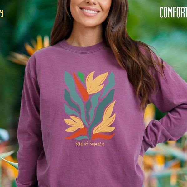 Floral Langarm-T-Shirt Trendy Preppy Kleidung, Paradiesvogel Botanische Shirt, Komfort Farben Marke
