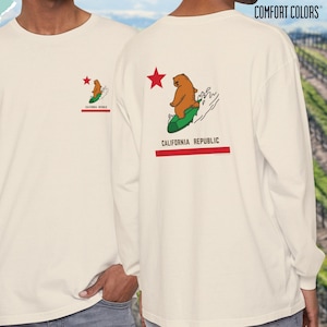 California Surfing Bear Long Sleeve Shirt Comfort Colors Vintage Beach Vibes Unisex Tee West Coast Surf Gift Golden State Apparel CA Beach