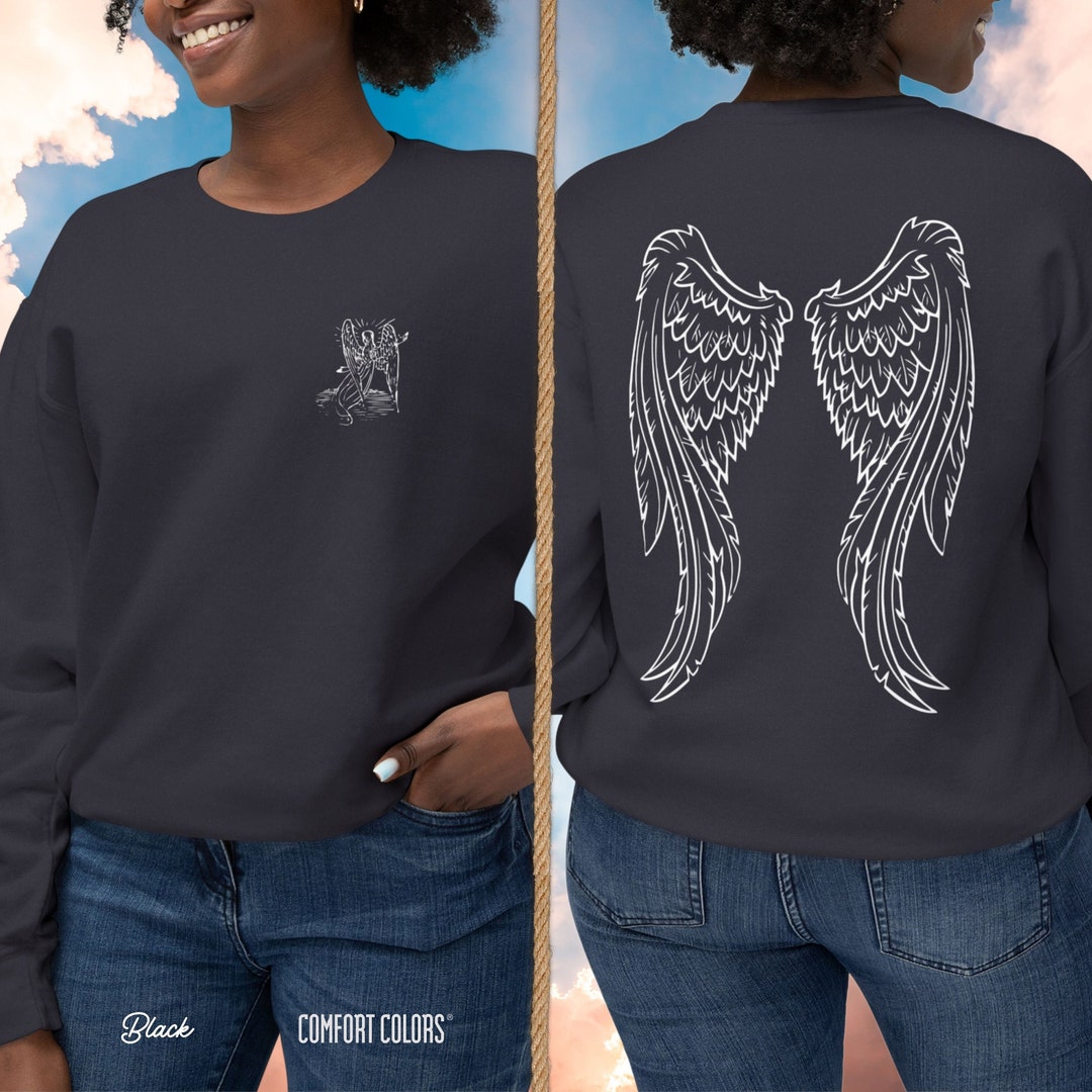 Angel Wings Contrast Trim Heart Round Neck Sweater