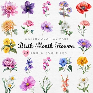 Birth Month Flowers Clipart, Watercolor Floral Clipart Wildflower SVG & PNG, Watercolor Flower Graphics, DIY Flowers Print, Commercial Use