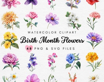 Birth Month Flowers Clipart, Watercolor Floral Clipart Wildflower SVG & PNG, Watercolor Flower Graphics, DIY Flowers Print, Commercial Use