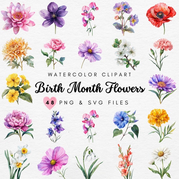 Birth Month Flowers Clipart, Watercolor Floral Clipart Wildflower SVG & PNG, Watercolor Flower Graphics, DIY Flowers Print, Commercial Use