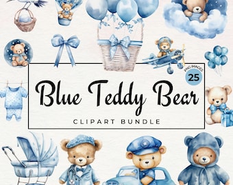 Watercolor Teddy Bear Clipart: Blue Baby Shower PNG Bundle (Commercial Use)