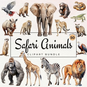 Acuarela Safari Animales Clipart / 50 Acuarela Animales Africanos PNG Vida Salvaje Hippie, Elefante, León, Artesanías de Papel, Sublimación, Impresión