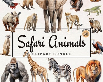 Clipart di animali da safari ad acquerello, 50 animali africani dell’acquerello PNG, vita selvaggia, hippie, elefante, leone, creazioni con la carta, sublimazione, stampa