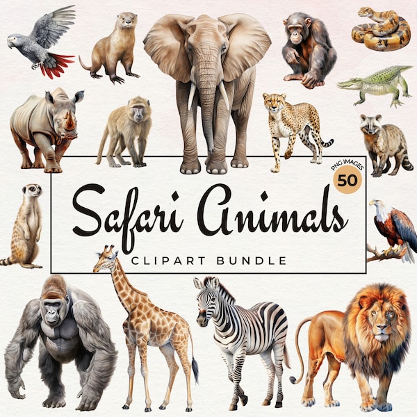 Watercolor Safari Animals Clipart | 50 Watercolor African Animals PNG Wild Life Hippie, Elephant, Lion, Paper Crafts, Sublimation, Printing