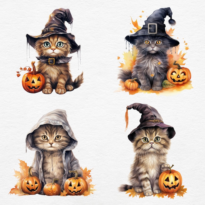 K&ouml;nnte beinhalten: Vier Aquarell-Illustrationen von Katzen in Halloween-Kost&uuml;men. Jede Katze tr&auml;gt einen Hexenhut oder einen Kapuzenmantel und sitzt neben einem geschnitzten K&uuml;rbis. Die Katzen haben verschiedene Fellfarben, mit orangefarbenen und gelben Herbstbl&auml;ttern.
