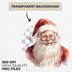 May include: Watercolor illustration of Santa Claus with a long white beard, red hat, and glasses. The image has a transparent background and is labeled "300 DPI HIGH-QUALITY PNG FILES".