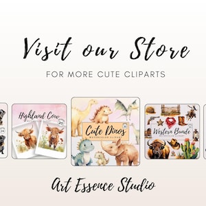 Puede incluir: Una colecci&oacute;n de conjuntos de clipart de acuarela con varios animales, incluidos carlinos negros, vacas de las tierras altas, dinosaurios lindos, ilustraciones de tem&aacute;tica occidental y gatos lindos. El texto "Visita nuestra tienda para m&aacute;s clipart lindos" se muestra sobre las im&aacute;genes. El texto "Art Essence Studio" se muestra debajo de las im&aacute;genes.