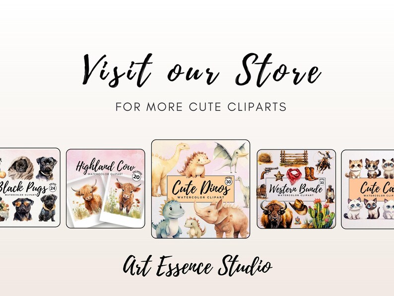 Puede incluir: Una colecci&oacute;n de conjuntos de clipart de acuarela con varios animales, incluidos carlinos negros, vacas de las tierras altas, dinosaurios lindos, ilustraciones de tem&aacute;tica occidental y gatos lindos. El texto "Visita nuestra tienda para m&aacute;s clipart lindos" se muestra sobre las im&aacute;genes. El texto "Art Essence Studio" se muestra debajo de las im&aacute;genes.