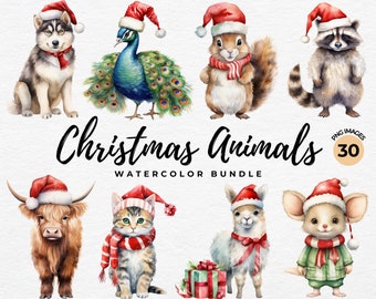 Christmas Animals Clipart PNG | Watercolor Christmas Gift Clipart Winter Clipart Bundle, Owl, Bear, Deer, Dog, Llama, Mouse - Commercial Use