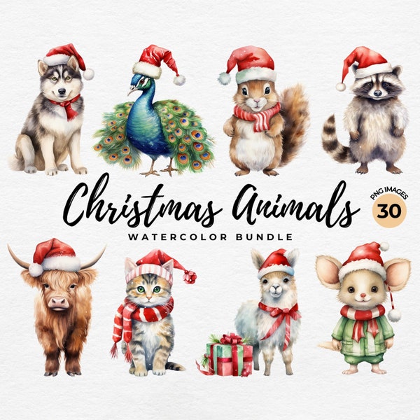 Christmas Animals Clipart PNG | Watercolor Christmas Gift Clipart Winter Clipart Bundle, Owl, Bear, Deer, Dog, Llama, Mouse - Commercial Use