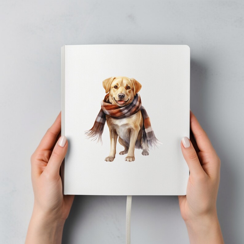 Puede incluir: Una ilustraci&oacute;n de acuarela de un golden retriever con una bufanda de cuadros marrones y blancos. El perro mira a la c&aacute;mara con una expresi&oacute;n feliz.