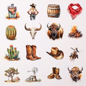 May include: A watercolour illustration of various western-themed items, including a cowboy hat, boots, a cactus, a wooden barrel, a bison, a campfire, a bandana, a flask, and a cow skull.