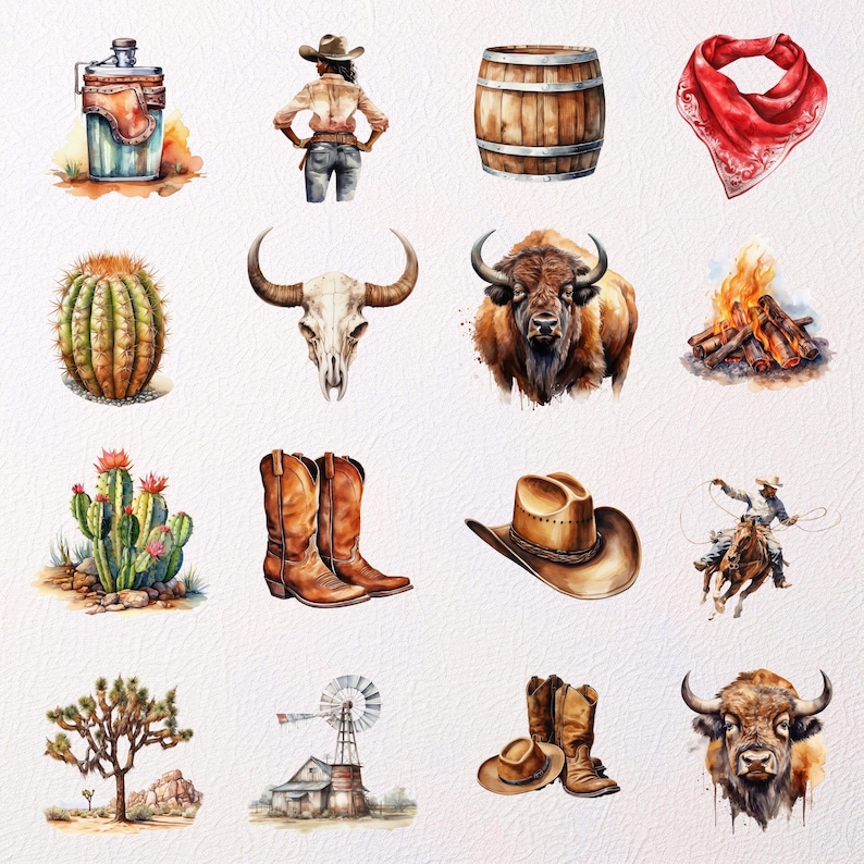 May include: A watercolour illustration of various western-themed items, including a cowboy hat, boots, a cactus, a wooden barrel, a bison, a campfire, a bandana, a flask, and a cow skull.