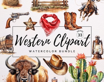 Acuarela Western Clipart - Texas Horse Ranch Cowboy Bundle Formato PNG / Descarga instantánea / Para uso comercial