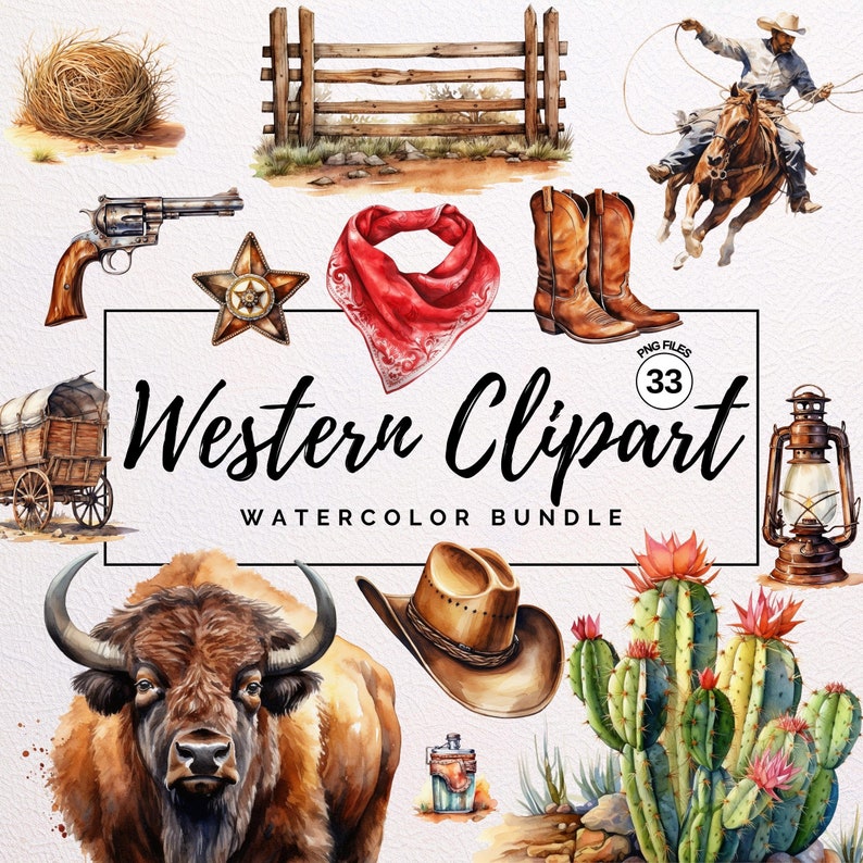 May include: Watercolour clipart bundle featuring 33 western themed illustrations. Includes a red bandana, cowboy boots, a cactus, a bison, a lantern, a wooden fence, a cowboy riding a horse, a revolver, a sheriff's star, a wagon, and a cowboy hat.