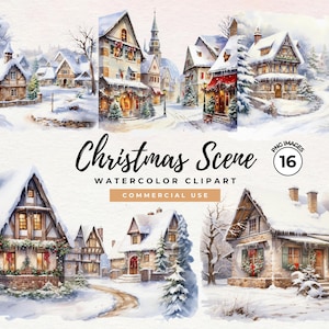 Clipart di scena di Natale / Pacchetto di clipart di Natale dell'acquerello PNG Clipart per le vacanze, ClipArt di scena, Creazione di cartoline, Diario spazzatura, Uso commerciale