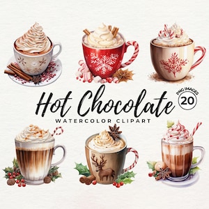 Aquarel warme chocolademelk clipart | Hot Cocoa PNG, kaarten maken, afdrukken, kerstcollageafbeeldingen, winterjunkjournaal, commercieel gebruik