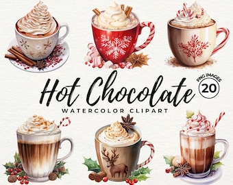 Watercolor Hot Chocolate Clipart | Hot Cocoa PNG, Card Making, Printing, Christmas Collage Images, Winter Junk Journal, Commercial Use