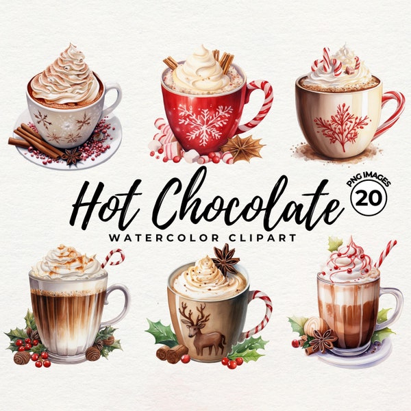 Watercolor Hot Chocolate Clipart | Hot Cocoa PNG, Card Making, Printing, Christmas Collage Images, Winter Junk Journal, Commercial Use
