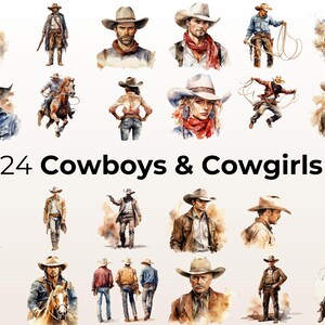 Puede incluir: Una colecci&oacute;n de 24 ilustraciones de acuarela de vaqueros y vaqueras con sombreros y ropa. Las ilustraciones est&aacute;n en una variedad de poses, incluyendo montar a caballo, sujetar cuerdas y estar de pie con las manos en las caderas. Las ilustraciones est&aacute;n sobre un fondo blanco.