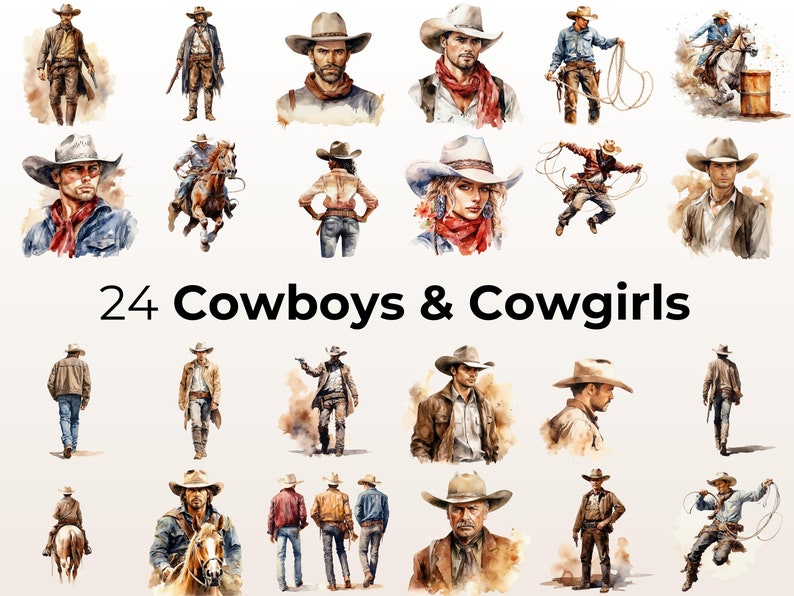Puede incluir: Una colecci&oacute;n de 24 ilustraciones de acuarela de vaqueros y vaqueras con sombreros y ropa. Las ilustraciones est&aacute;n en una variedad de poses, incluyendo montar a caballo, sujetar cuerdas y estar de pie con las manos en las caderas. Las ilustraciones est&aacute;n sobre un fondo blanco.