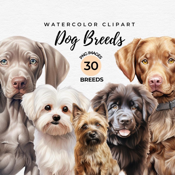 Watercolor Dogs Clipart | 30 Dog Breeds Clipart Bundle, Puppy Dog Clipart PNG Cute Dog Breed Illustrations, Pets Clipart DIY, Commercial Use