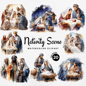 Akwarelowe sceny Narodzenia Clipart | 20 Christmas Clipart Bundle PNG, Boże Narodzenie Jezus Clipart, Ilustracje sceny Narodzenia, Wykorzystanie komercyjne