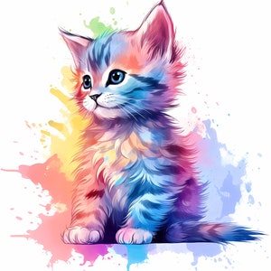May include: A colorful watercolor painting of a fluffy kitten with blue eyes. The kitten is sitting on a white background with colorful watercolor splatters.
