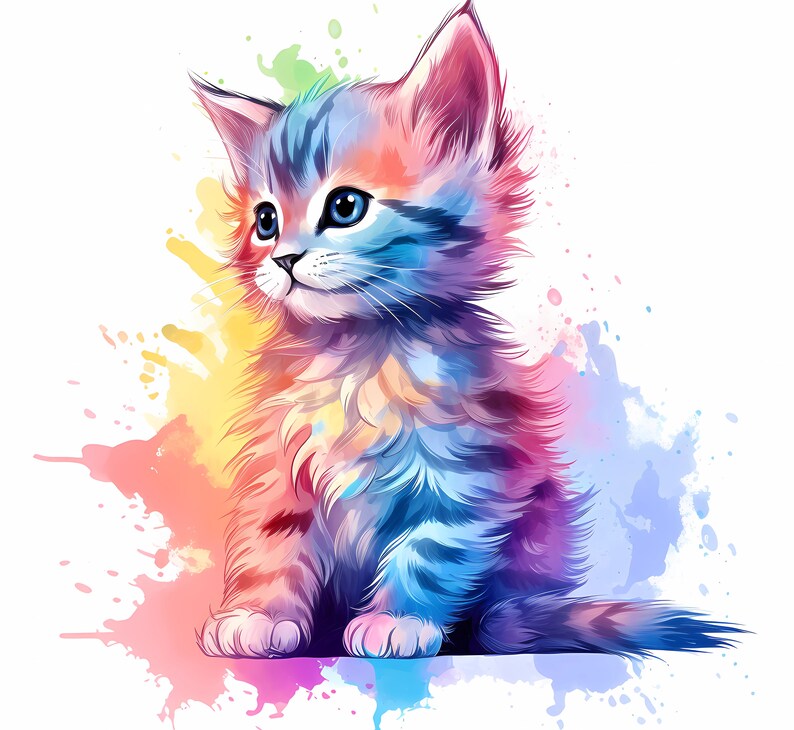 May include: A colorful watercolor painting of a fluffy kitten with blue eyes. The kitten is sitting on a white background with colorful watercolor splatters.